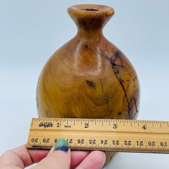 Burled Wood Decor Hand Crafted Knot Turned Artisan Vase Olive Mid-Century MCM - Picture 10 of 10